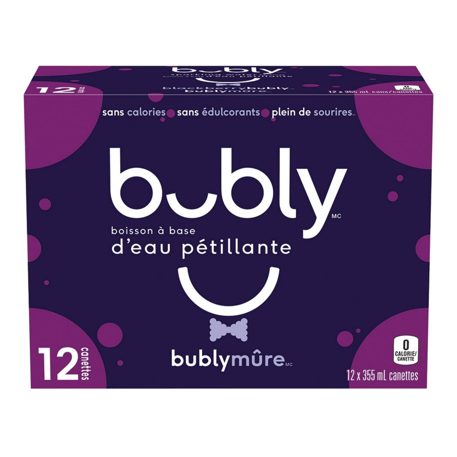 Bubly Blackberry Sparkling Water, 12x355mL cans, back of package