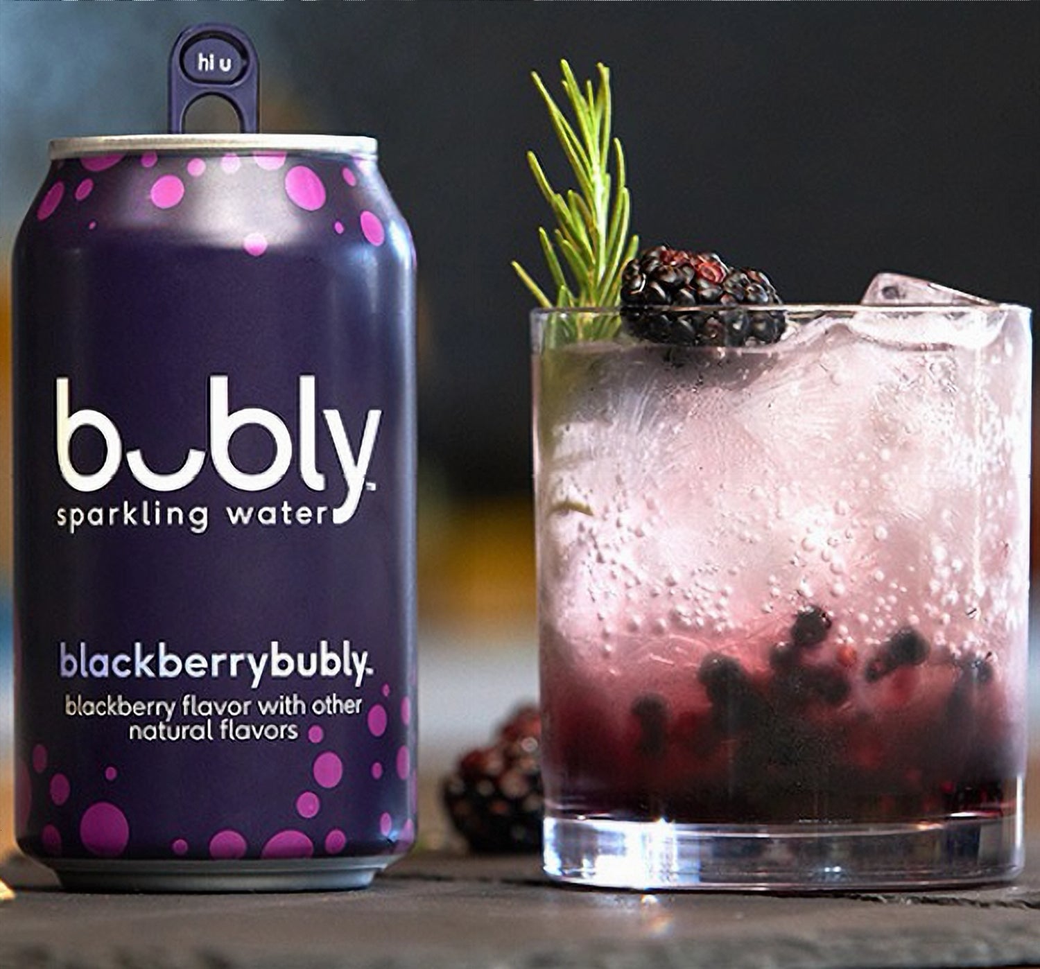 Bubly Blackberry Sparkling Water poured over ice, zero calorie flavored sparkling water