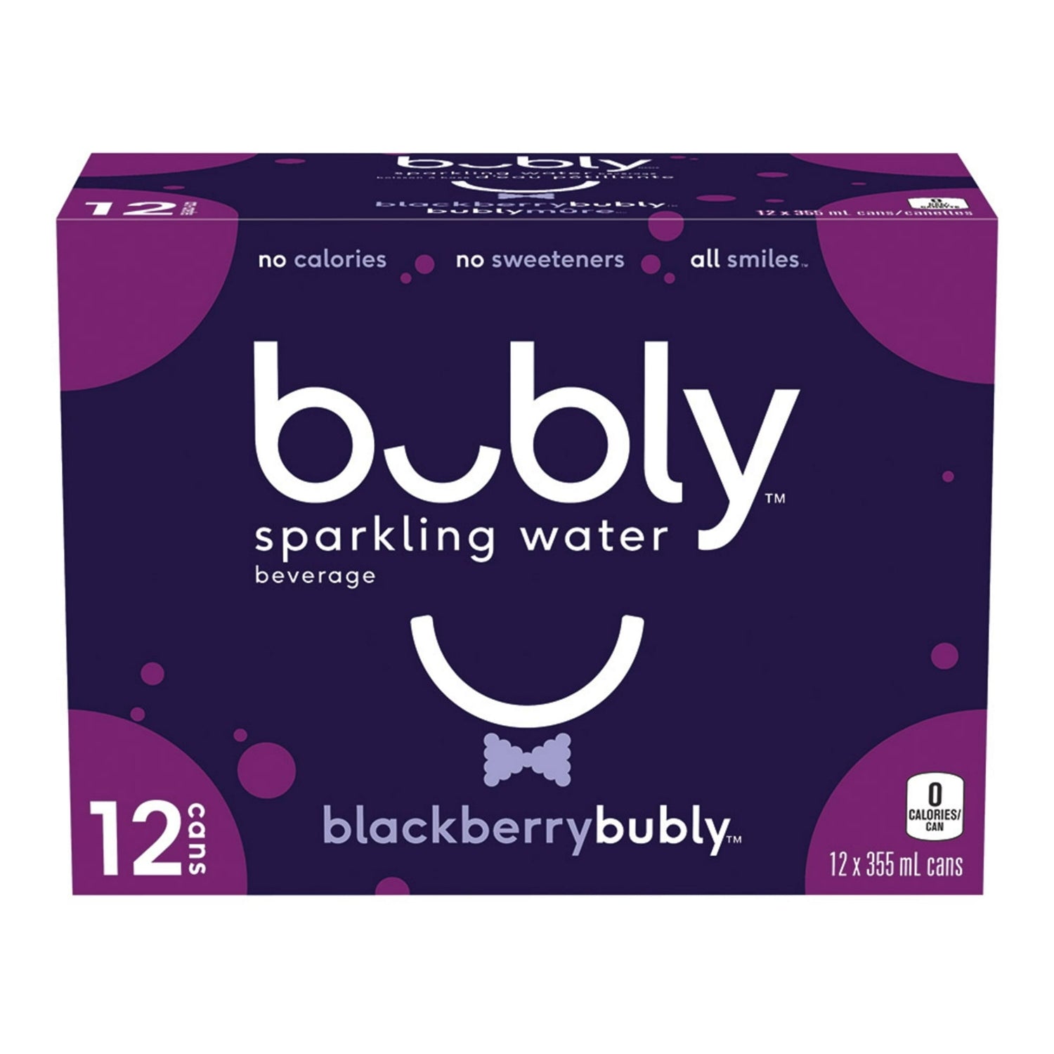 Bubly Blackberry Sparkling Water, 12x355mL cans, zero calorie, front of package