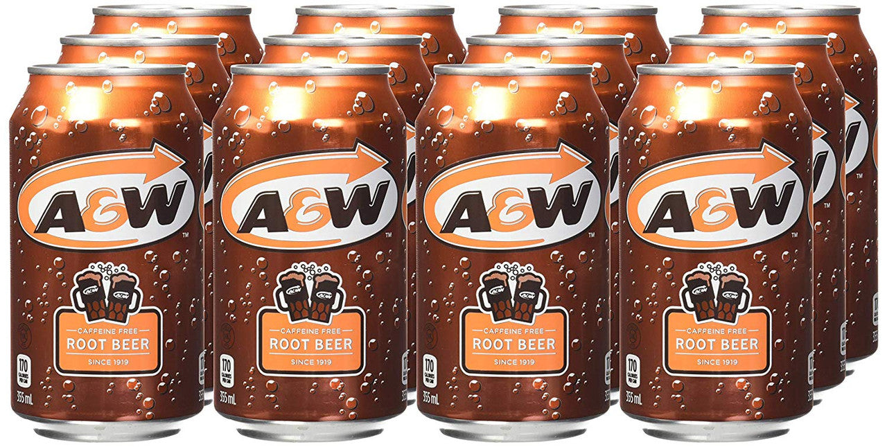 Lot of 12 A & W Root Beer Drink Cans 355ml 12 Fluid Ounces {Imported from Canada}