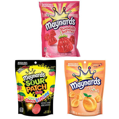 Maynards Sour Cherry Blasters, Swedish Berries and Fuzzy Peach Candy Variety 355g/12.5oz, 3-Pack{Imported from Canada}