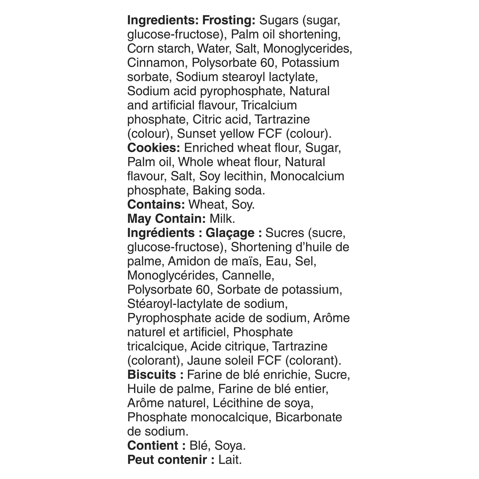 DunkAroos, Cinnamon Toast Crunch Vanilla Cookies and Cinnadust Frosting, 6 x 28g, ingredients label.