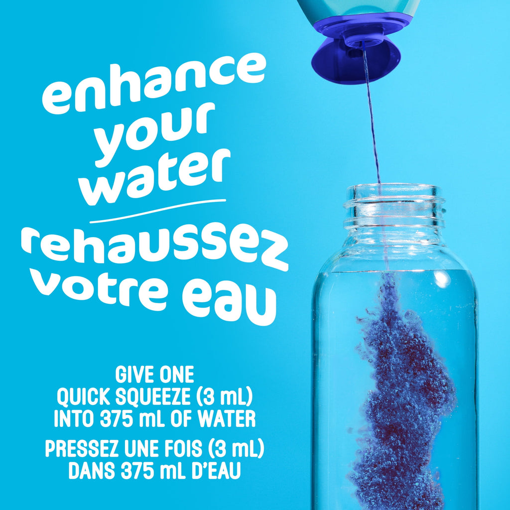 MiO Blueberry Lemonade Liquid Water Enhancer, 48ml/1.62oz being poured into a clear bottle against a blue background with text about enhancing water.