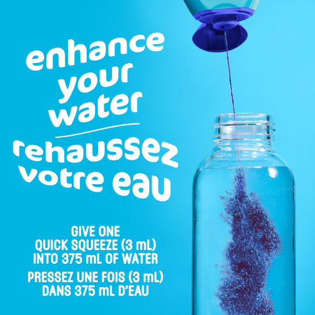 MiO Blueberry Lemonade Liquid Water Enhancer, 48ml/1.62oz being poured into a clear bottle against a blue background with text about enhancing water.