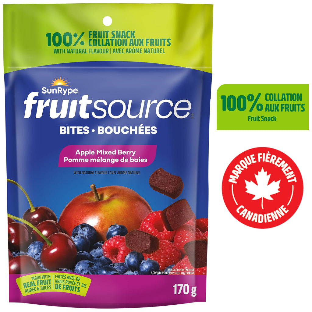 SunRype Fruitsource bites packaging with fruit illustration and branding