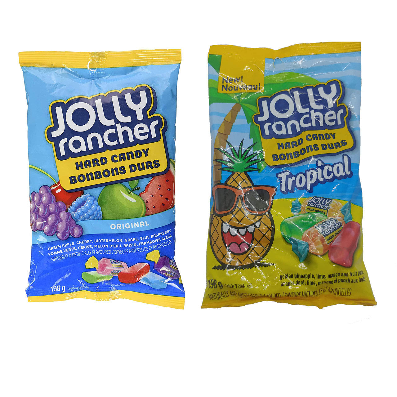 Jolly Rancher Fruity Hard Candies Bundle: 1 Bag Original Flavours (198g) & 1 Bag Tropical Flavours (198g)