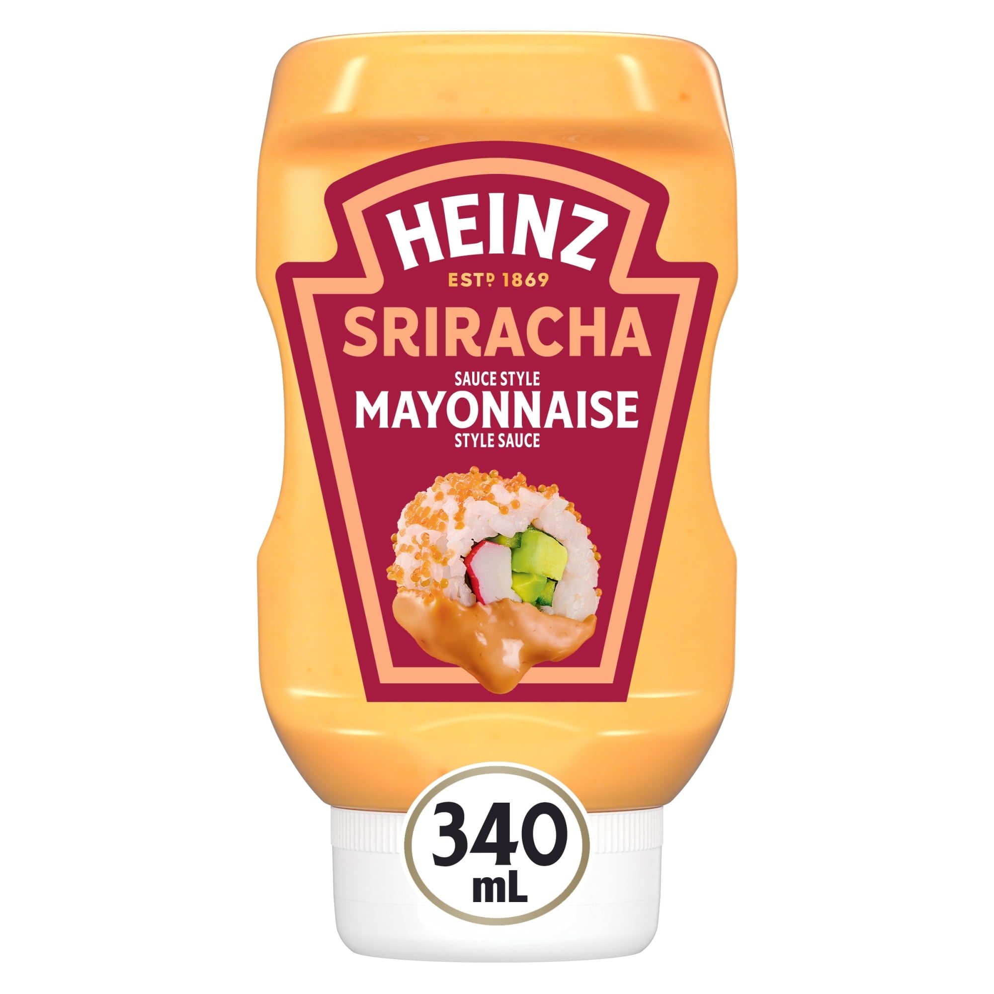 Heinz Sriracha Mayonnaise 340ml bottle on a white background