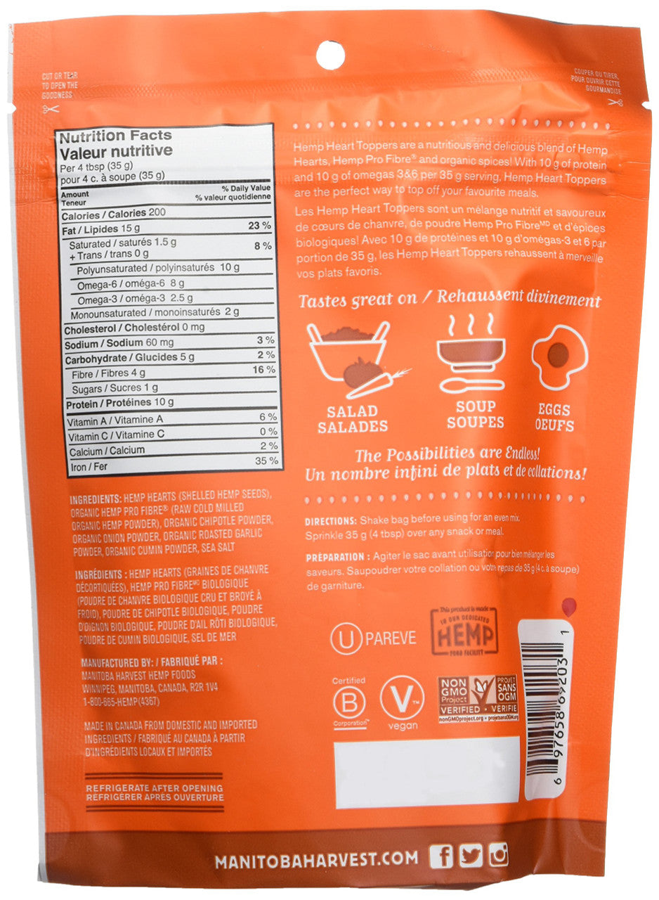 Manitoba Harvest Hemp Hearts Toppers, Chipotle, Onion & Garlic, 4.4oz; with 10g of Protein & Omegas, 4g of Fiber per Serving, Non-GMO