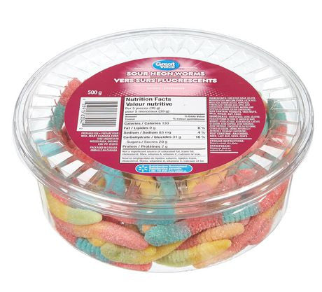 Great Value, Tub of Sour Neon Gummy Worms, 500g/1.1lbs, {Imported from Canada}