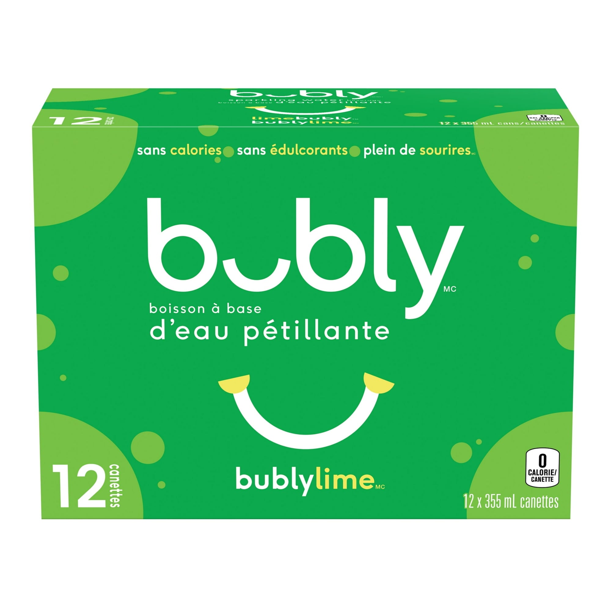 Back of Bubly Lime Sparkling Water Beverage, 12x355ml cans, 4.26L/144 oz in French