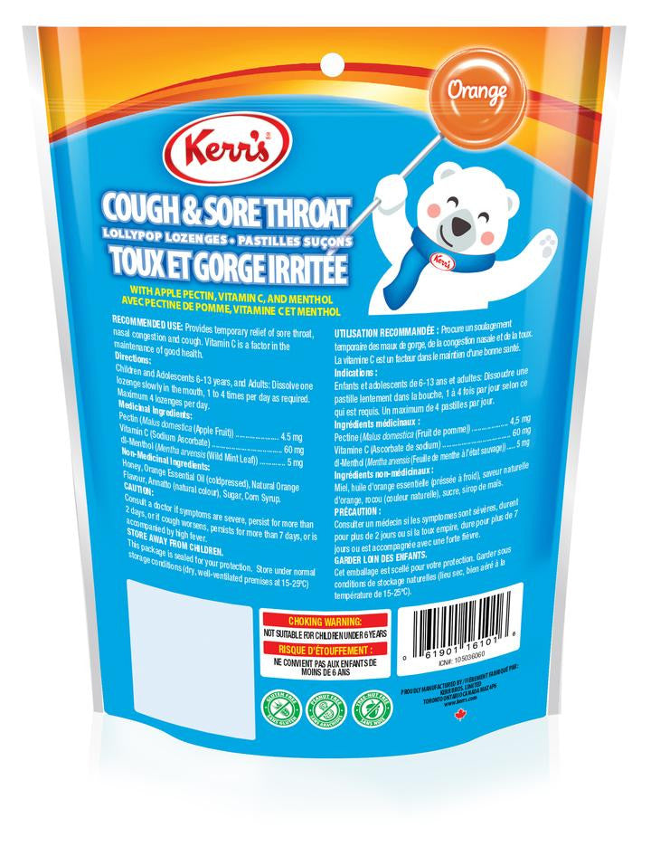 Kerr's Cold and Sore Throat Lollypop Orange Lozenges, 15 count, Bag {Imported from Canada}