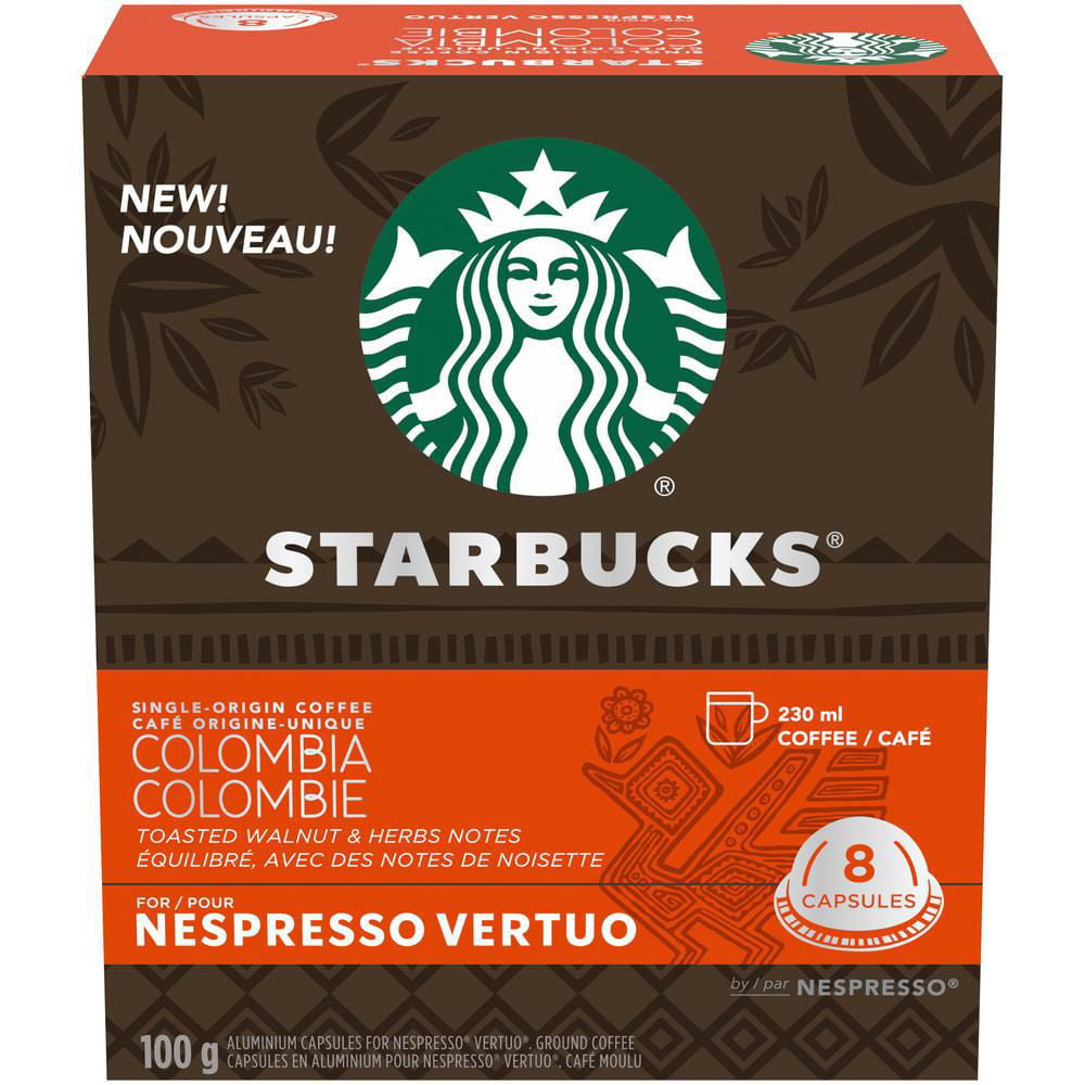 Starbucks Single Origin Colombia Medium Roast Coffee, Capsules for Nespresso Vertuo, 8 count, 100g/3.5 oz. Box {Imported from Canada}