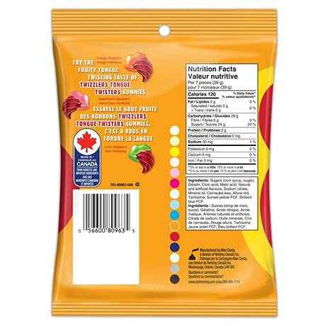 TWIZZLERS TONGUE TWISTER, Fruity Gummies, 182g/6.4 oz. Peg Bag, {Imported from Canada}