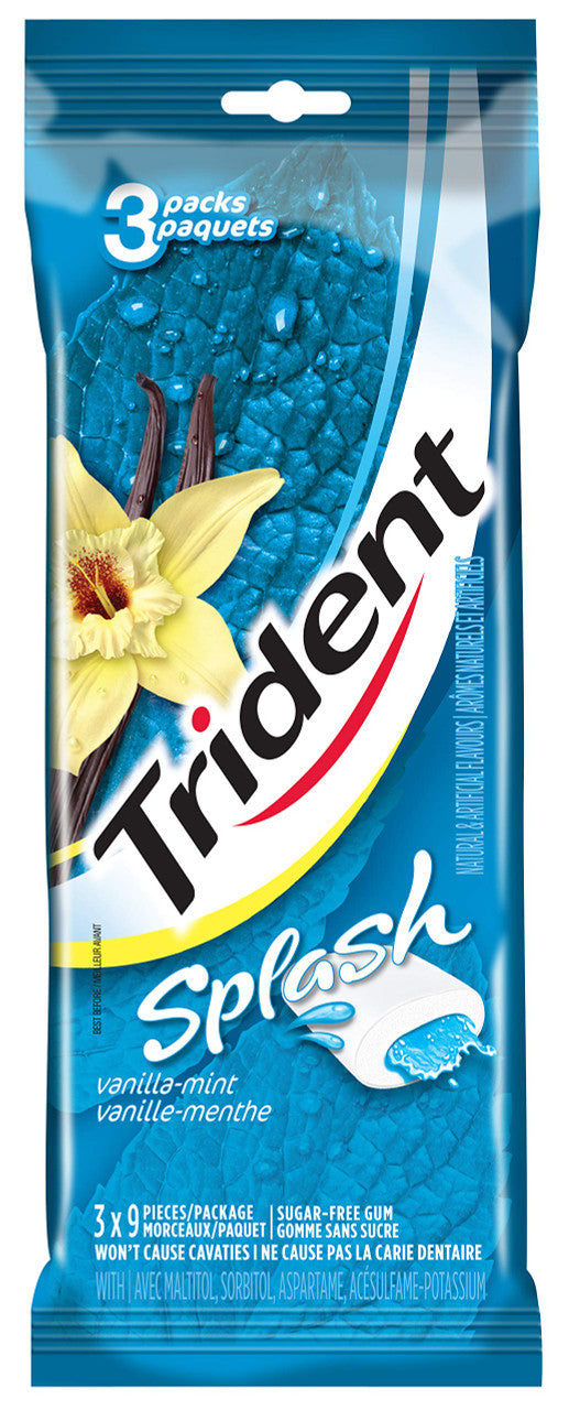 Trident Splash Vanilla Mint Gum 3 Pack, 9 pieces per pack., 27 pieces, total order, {Imported from Canada}
