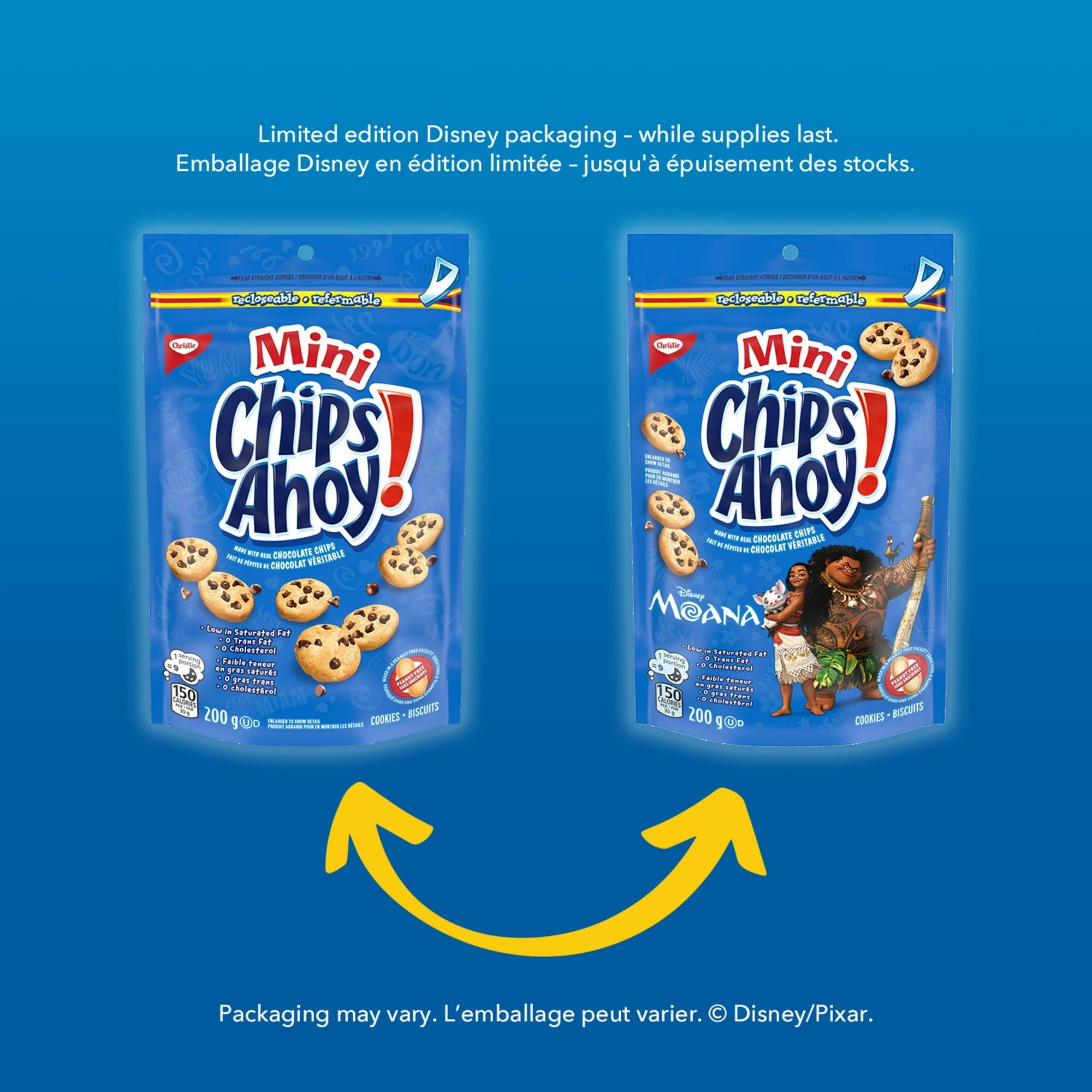 Two packages of Mini Chips Ahoy! cookies on a blue background with a yellow arrow.