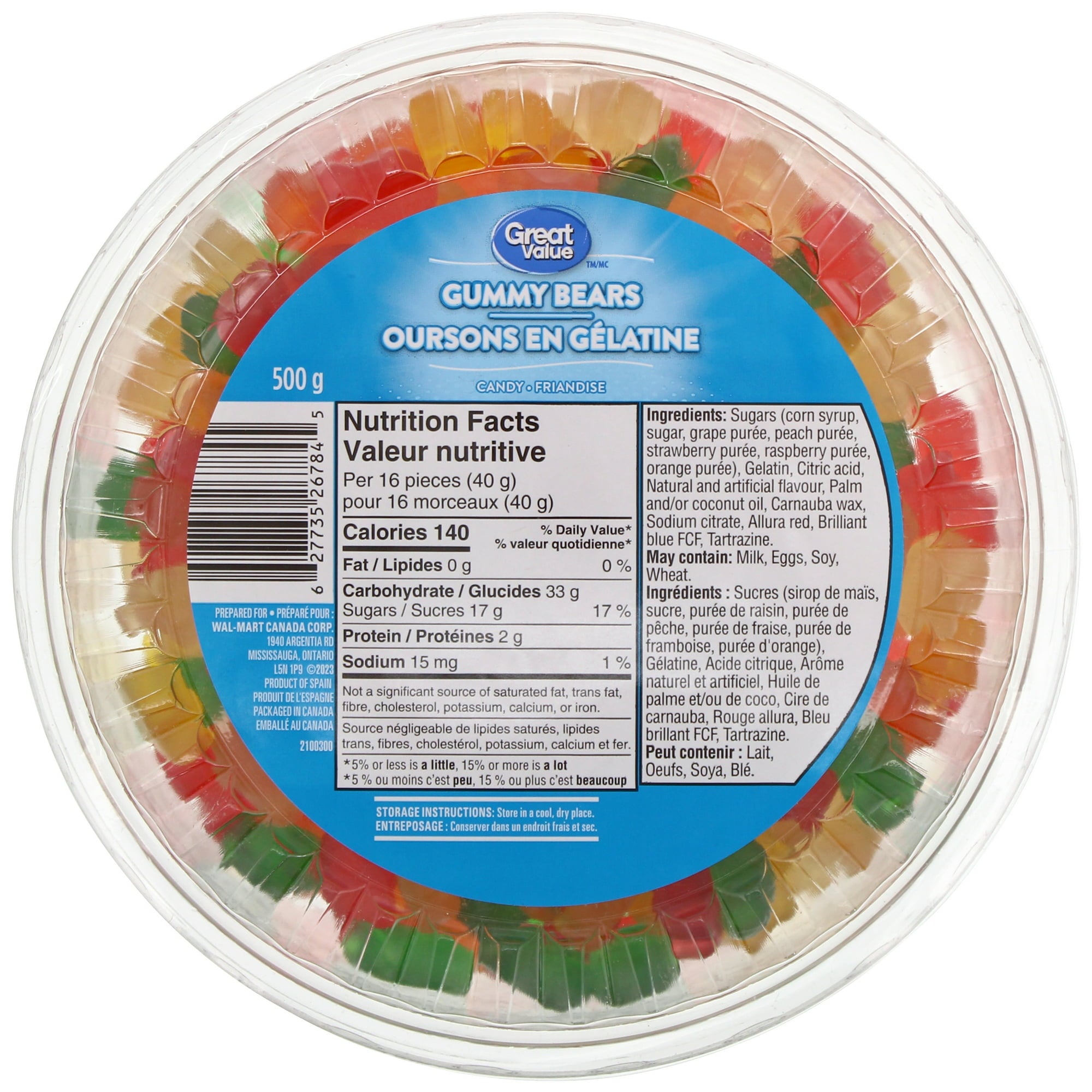 Great Value Gummy Bears Candy, 500g/1.1 lb., Tub, front of tub.