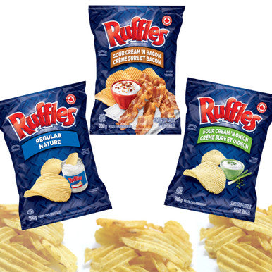 Ruffles Chips Variety Pack 200g/7.1 oz, Sour Cream N' Onion, Sour Cream N' Bacon and Regular {Imported from Canada}