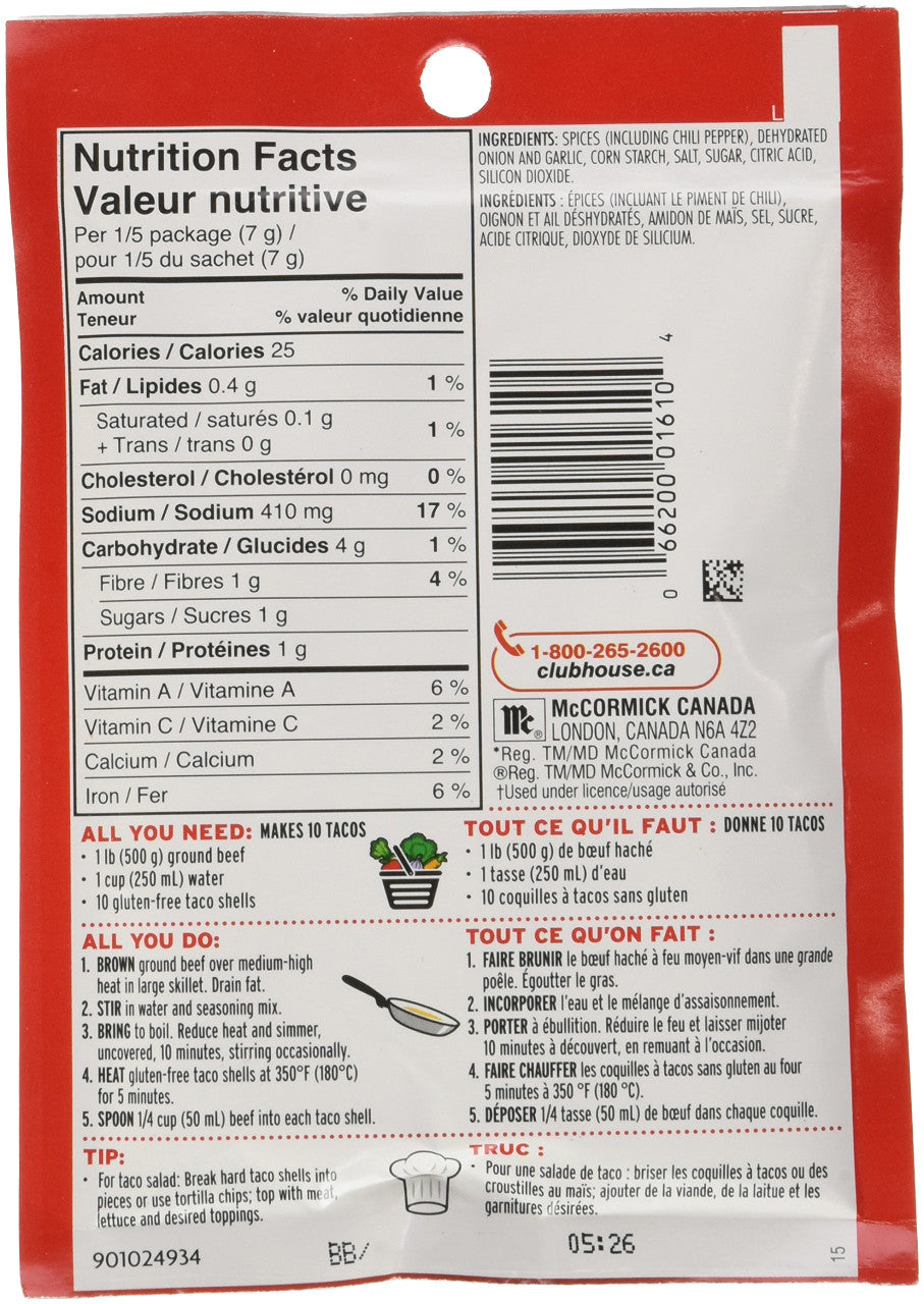 Club House 25% Less Salt, Gluten-Free, Taco Seasoning Mix, 35g/1.2oz., {Imported from Canada}