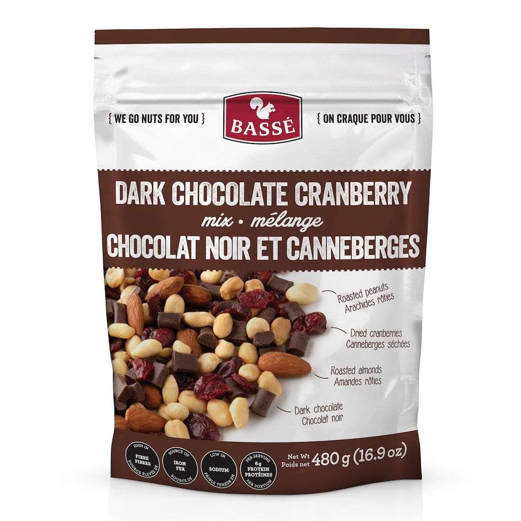 Basse Dark Chocolate Cranberry Mix, 480g, front of bag.