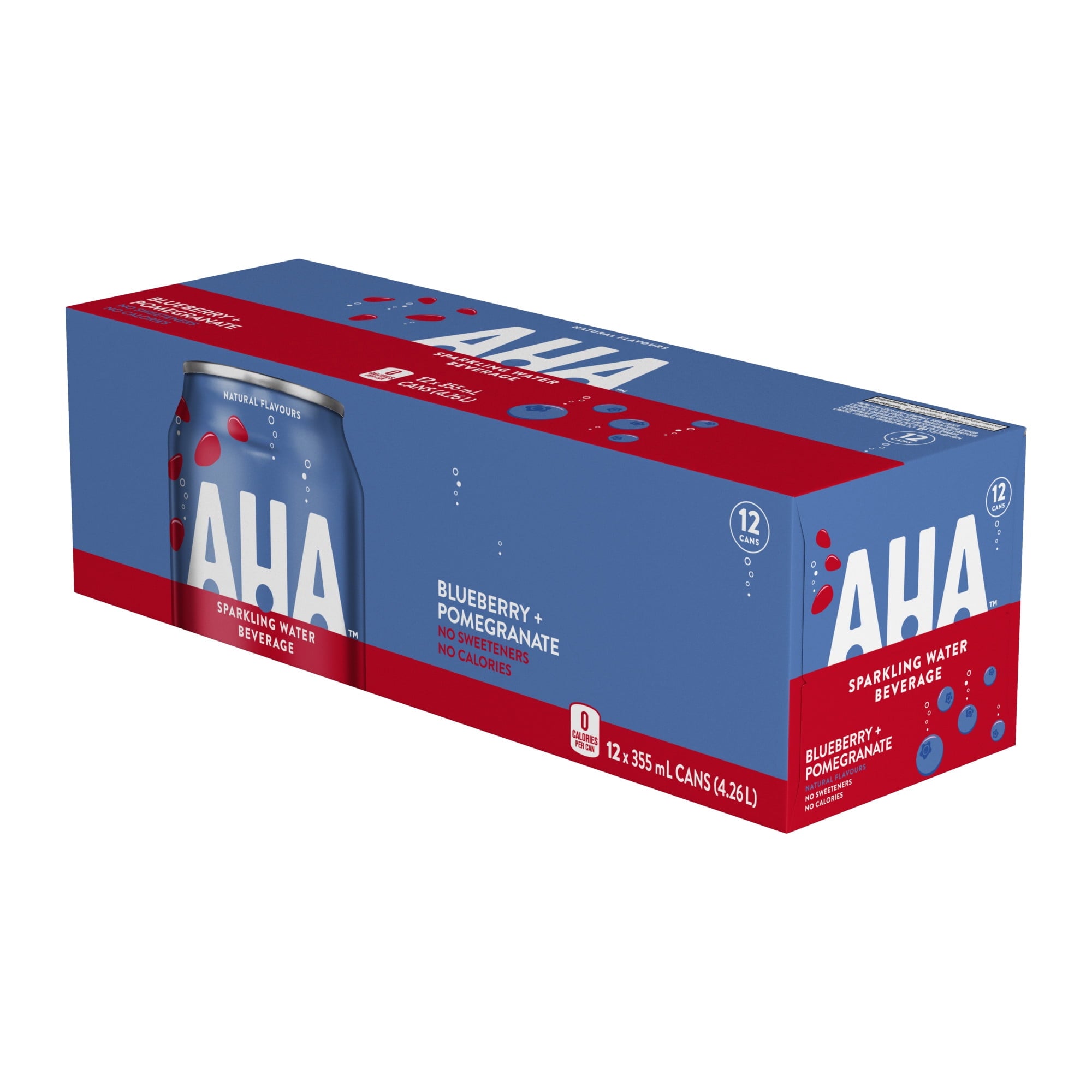 Box of AHA Blueberry Pomegranate sparkling water on a white background