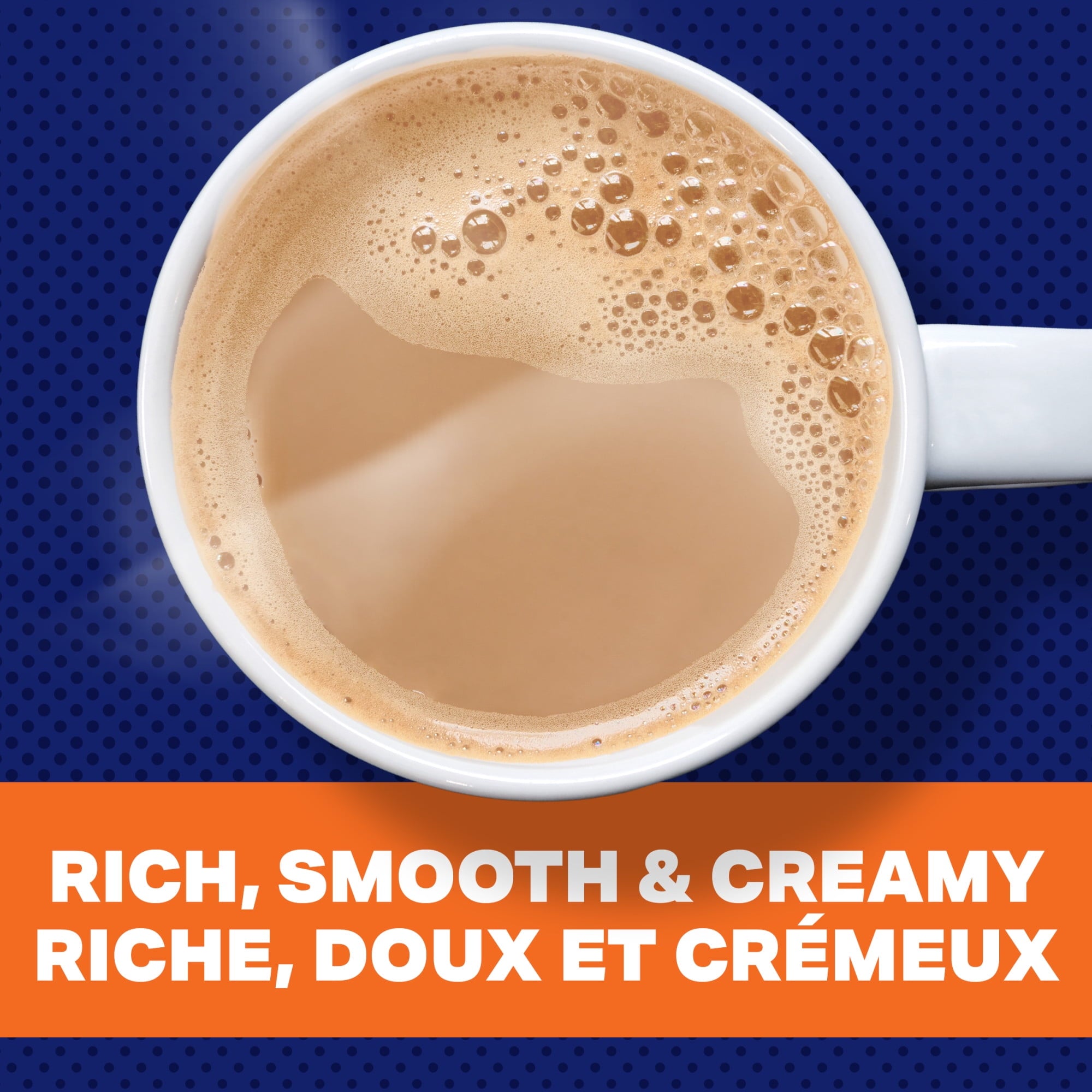 White cup of coffee with a blue background and text about coffee quality.