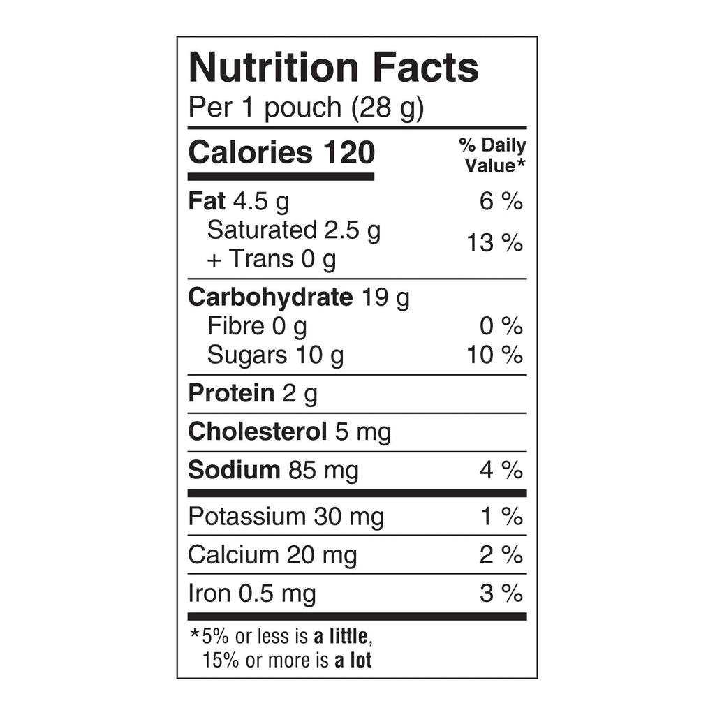 Nutrition facts label for Bear Paws Cinnamon Bun Cookies, 168g/5.9 oz per 1 pouch (28 g)