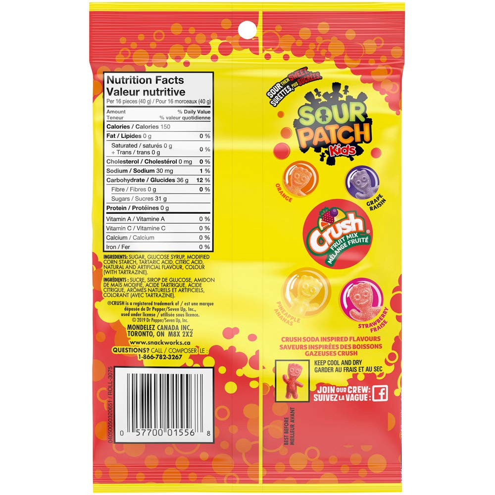 Maynards Sour Patch Kids Candy, Crush Soda Fruit,185g/6.5oz.,(6 Pack) {Imported from Canada}