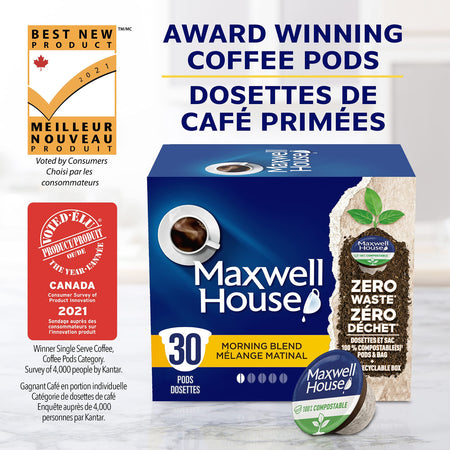 Maxwell House Morning Blend Coffee 100% Compostable Pods, 30 Pods, {Imported from Canada}