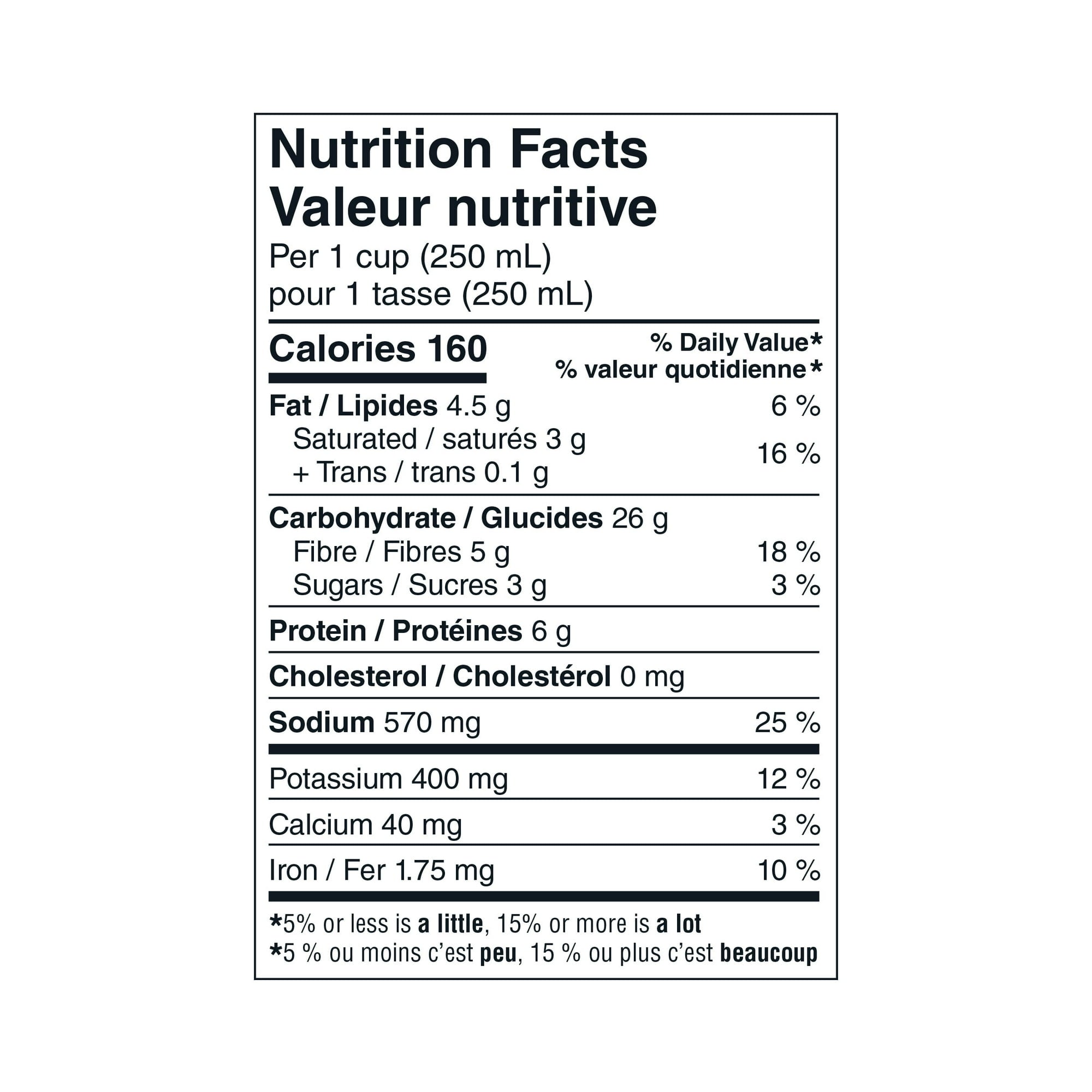 Nutrition facts label for Our Finest Mild Chickpeas & Sweet Potato Dhal Ready-To-Serve-Soup, Indian Cuisine - 540mL on a white background