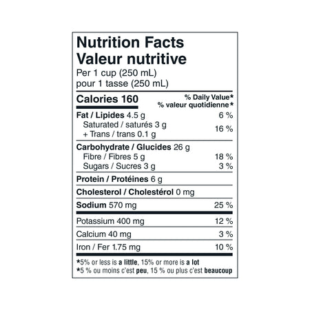 Nutrition facts label for Our Finest Mild Chickpeas & Sweet Potato Dhal Ready-To-Serve-Soup, Indian Cuisine - 540mL on a white background