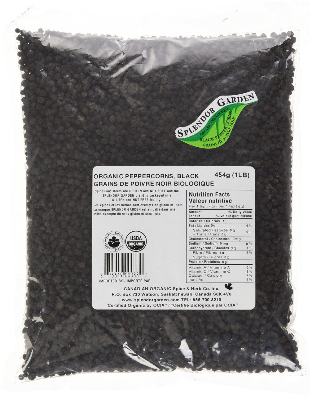 Splendor Garden Organic Peppercorn Black, 454g/16oz{Imported from Canada}