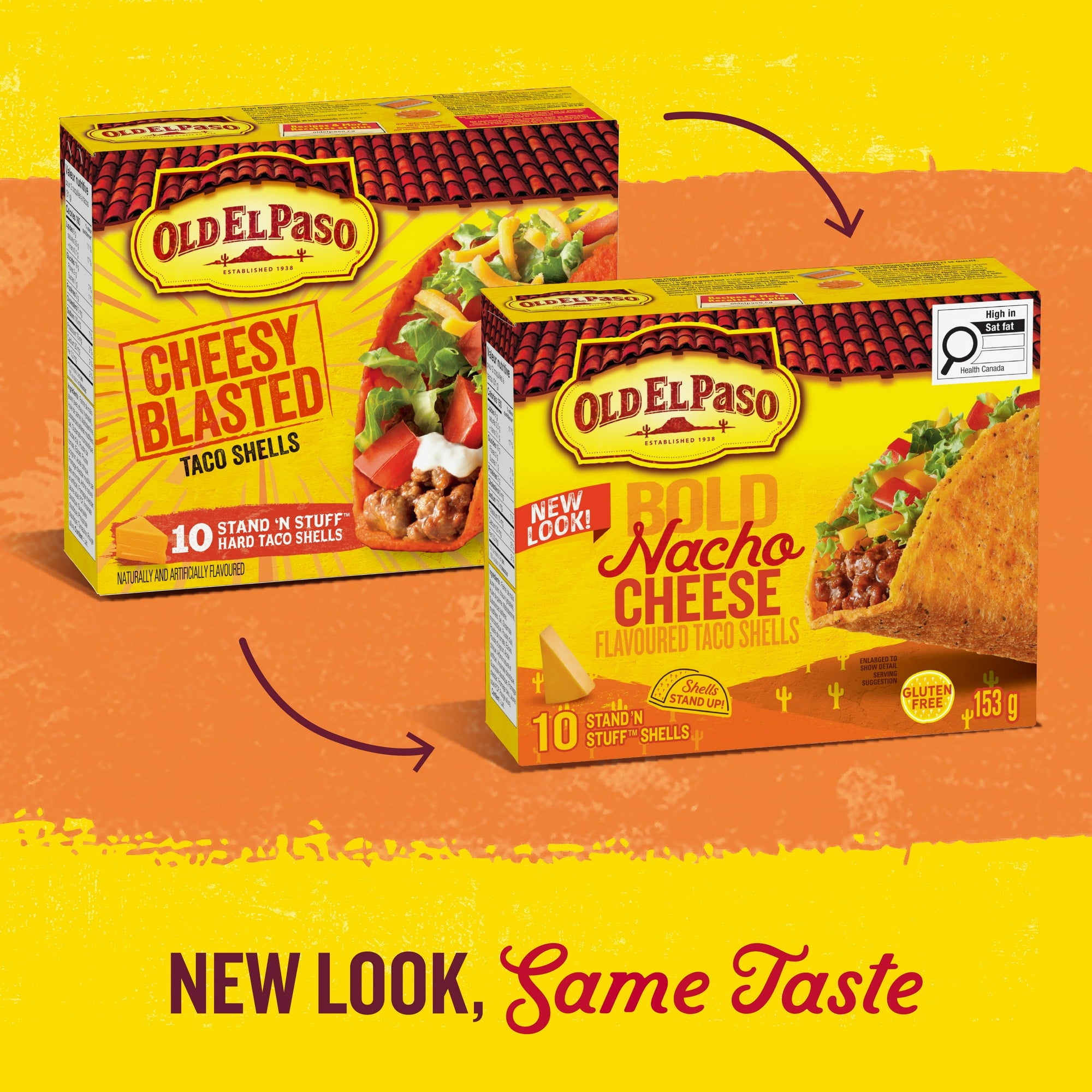 Two packages of Old El Paso taco shells on a yellow and orange gradient background with text 'New Look, Same Taste'.