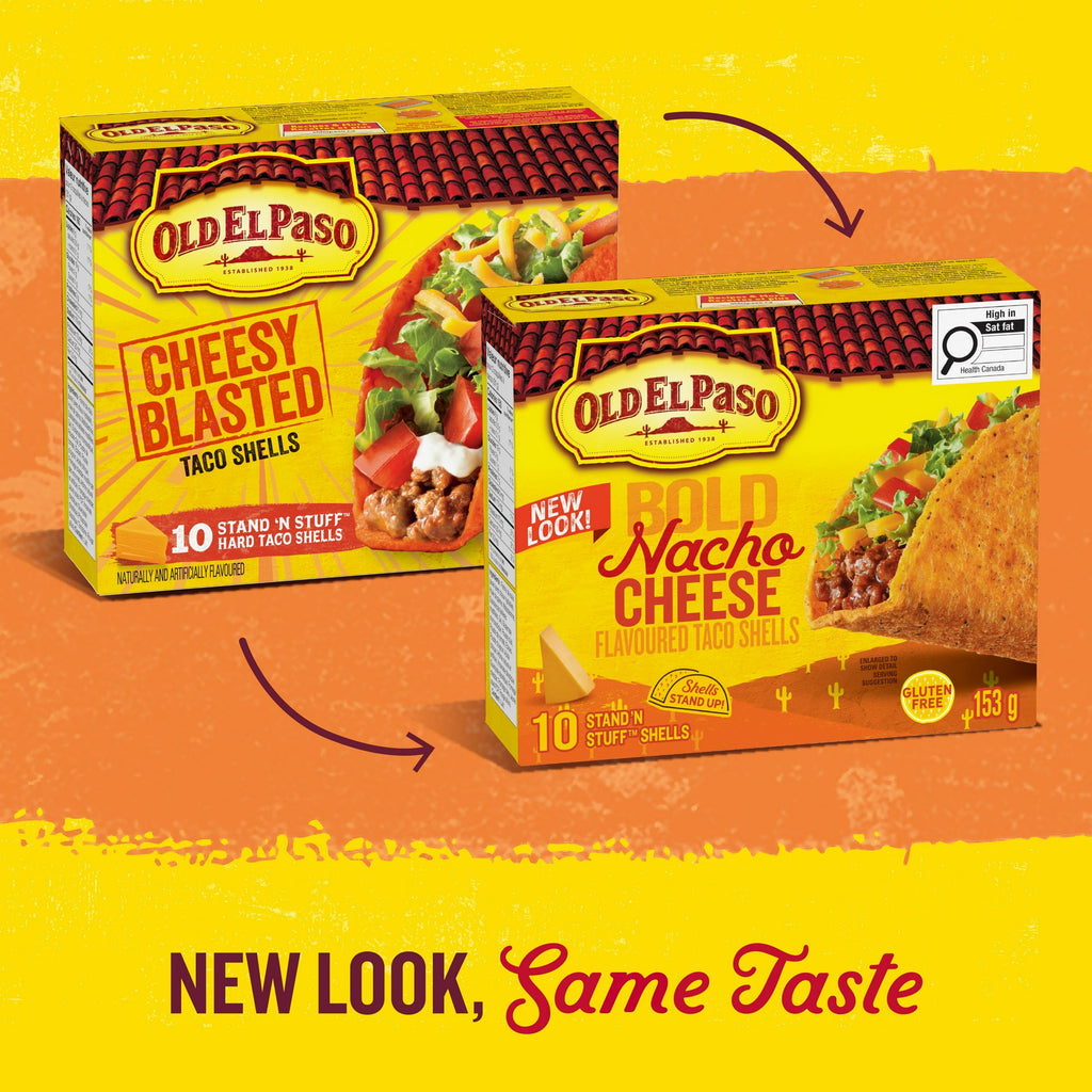 Two packages of Old El Paso taco shells on a yellow and orange gradient background with text 'New Look, Same Taste'.