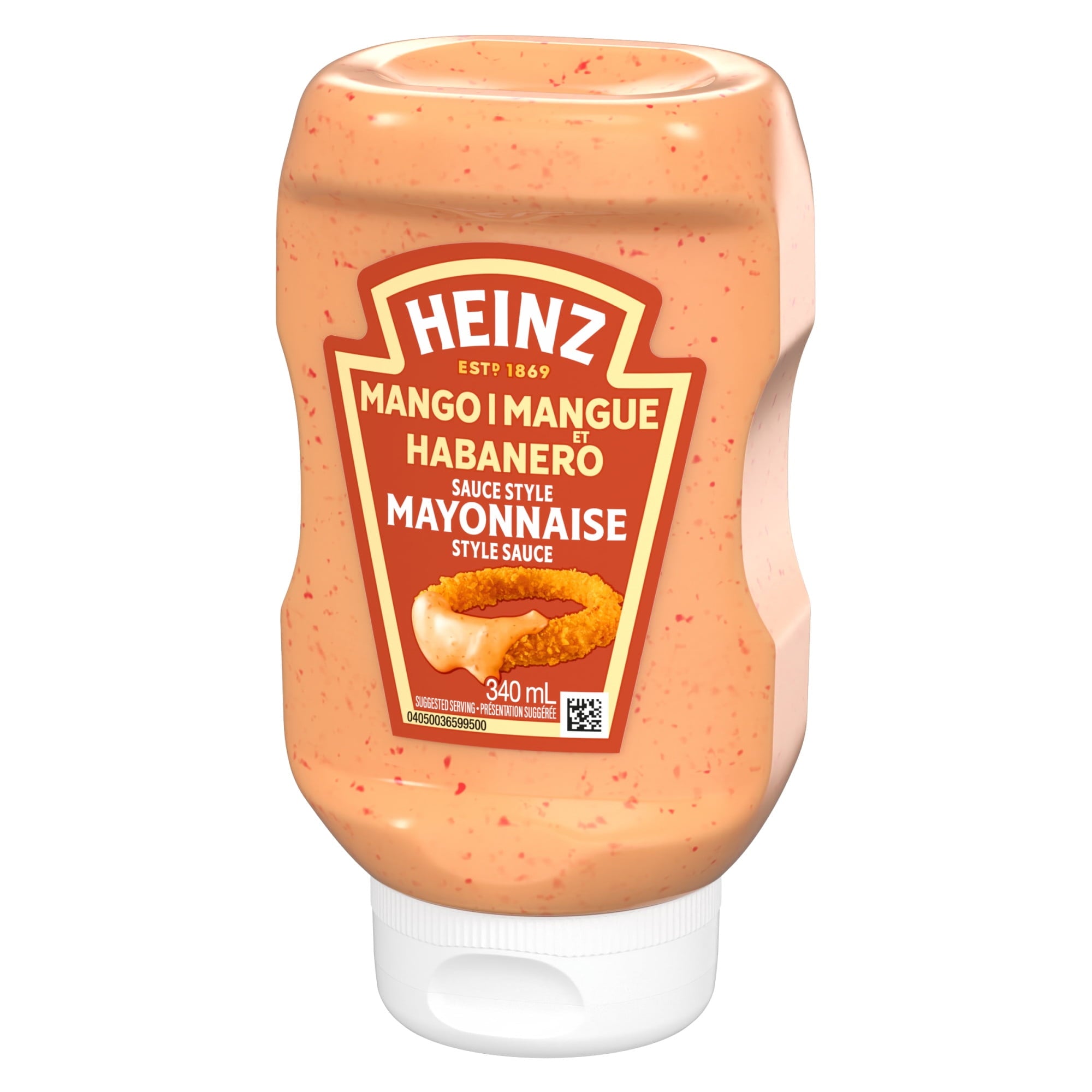 Front of Heinz Mango Habanero Sauce Style Mayonnaise bottle on a white background.