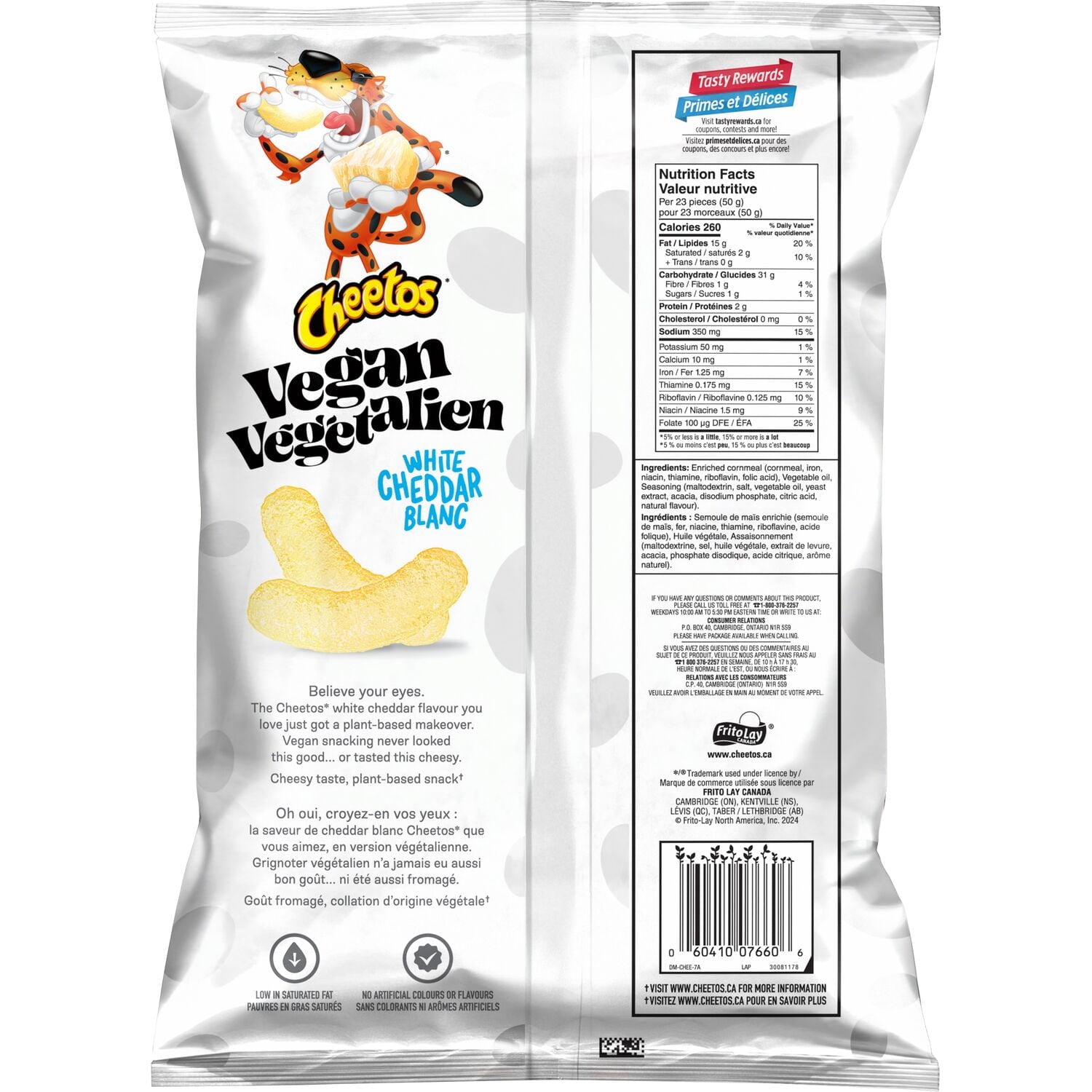 Cheetos Vegan White Cheddar Flavored Corn Snacks, 230g/8.1 oz with Cheetos logo and nutritional information.
