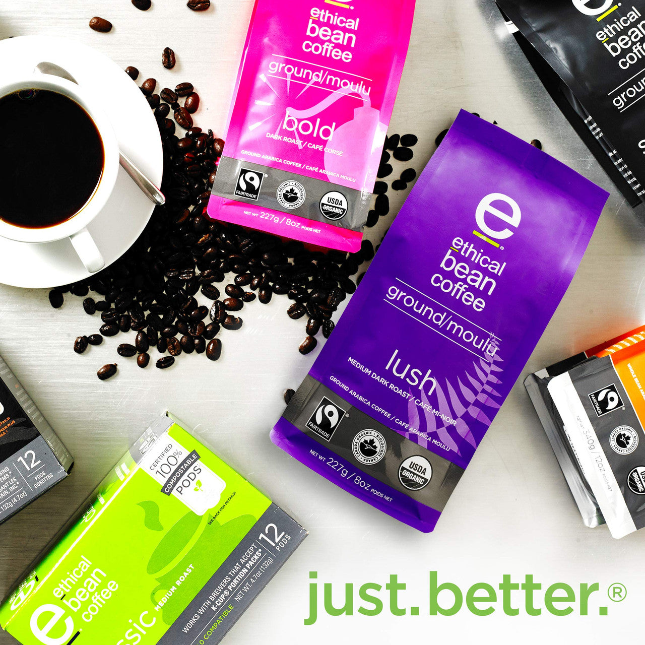 Ethical Bean Coffee Lush, Medium Dark Roast, Ground, 227g/8oz., Bag, {Imported from Canada}