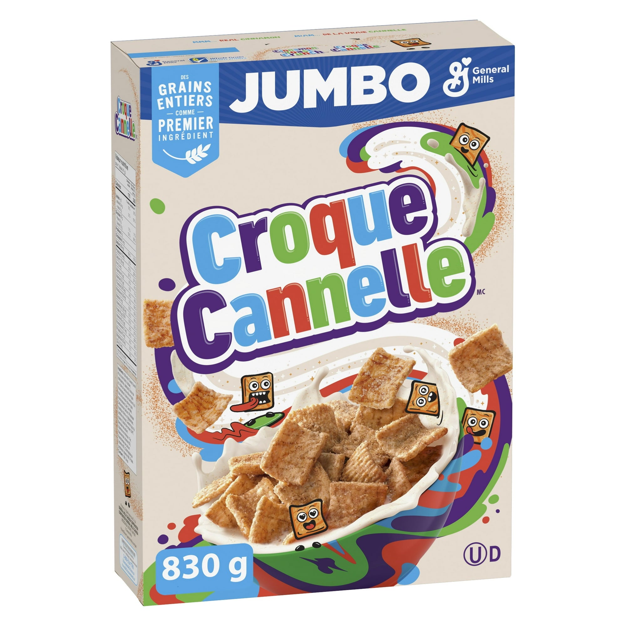 Box of Jumbo Croque Cannelle cereal with colorful design and General Mills branding.