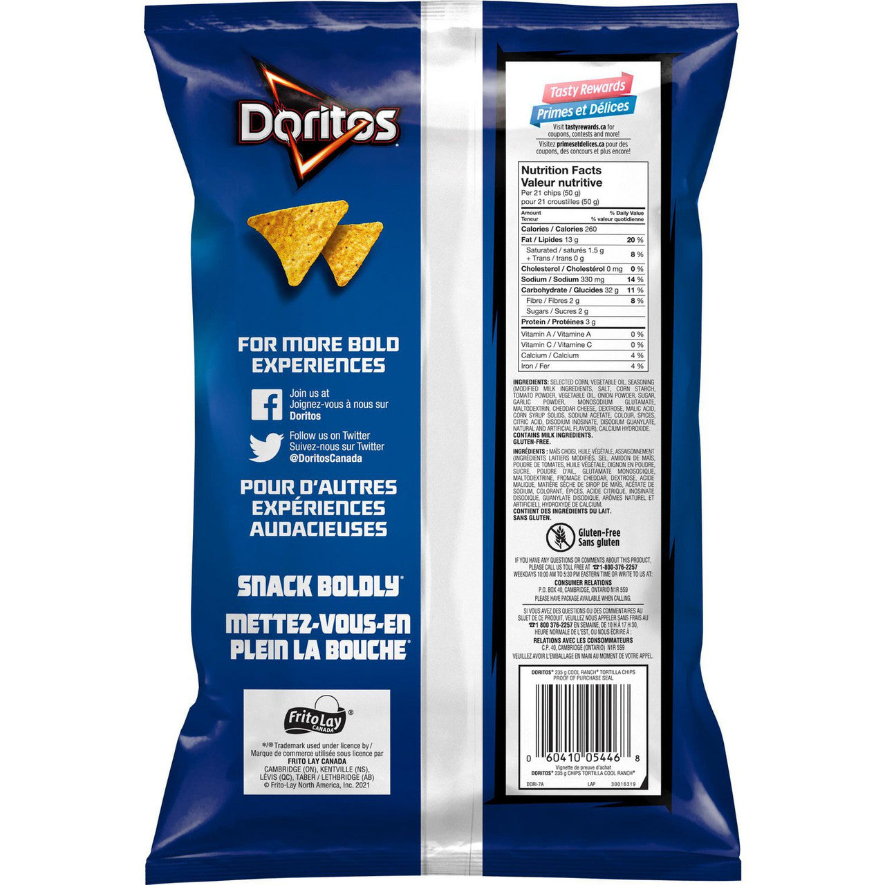 Doritos Tortilla Chips Cool Ranch Flavour, 235g/8.3 oz., Bag, {Imported from Canada}