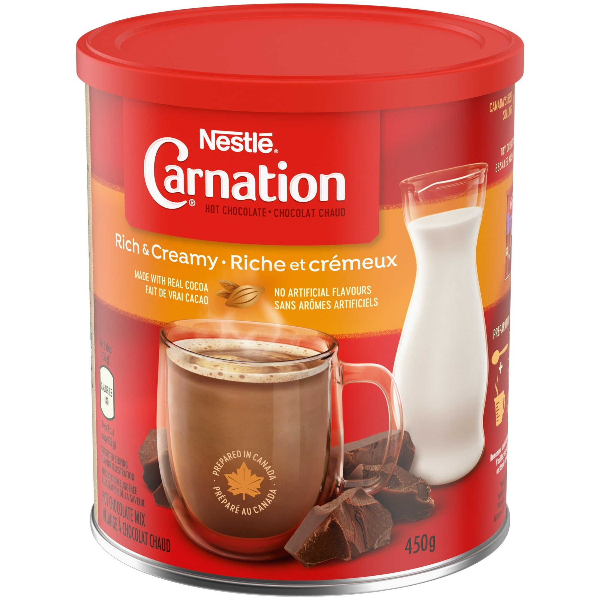 Nestle Carnation hot chocolate canister with red lid and label.