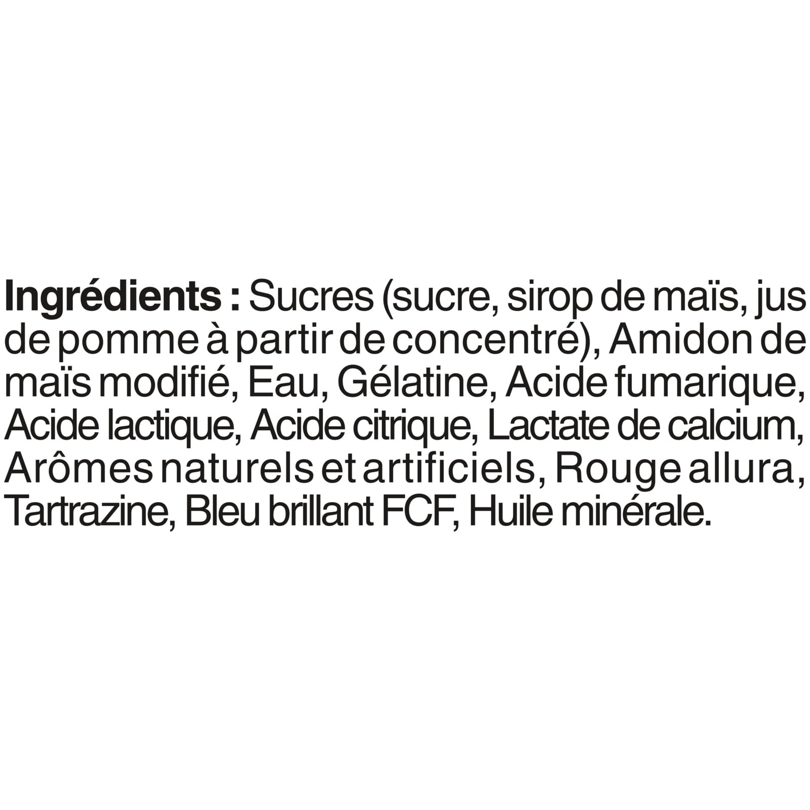 List of ingredients in French for Starburst Gummies Sours Candy 142g/5.0 oz on a white background.