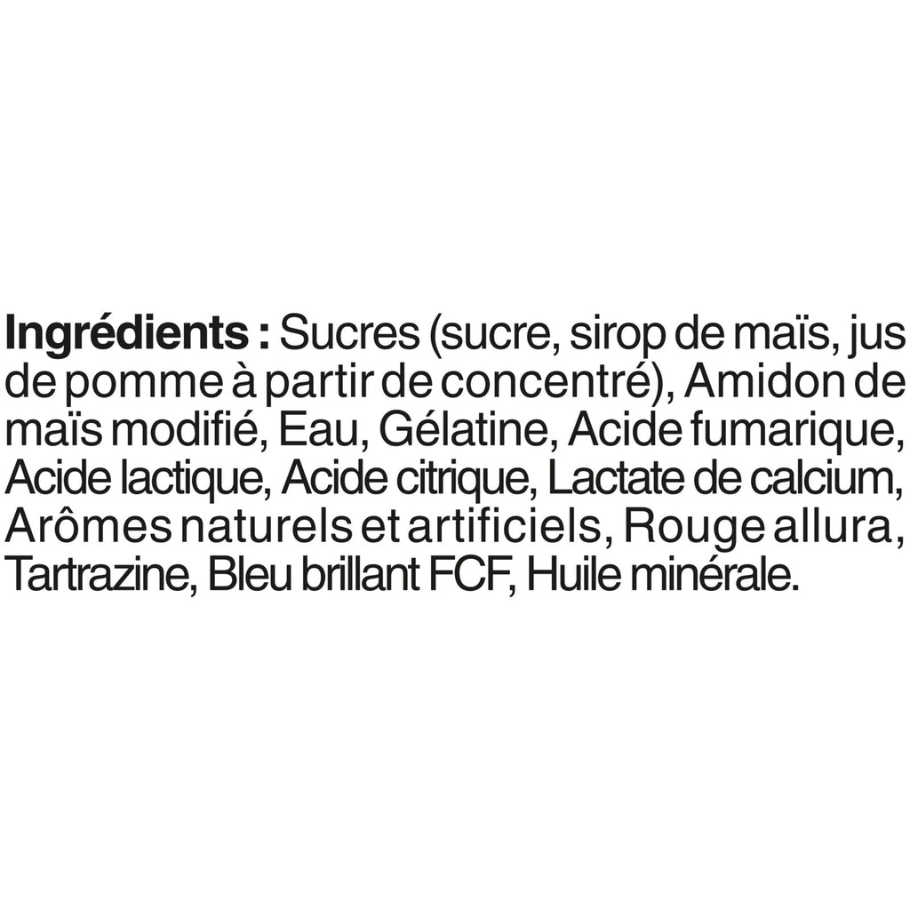 List of ingredients in French for Starburst Gummies Sours Candy 142g/5.0 oz on a white background.