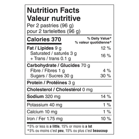 Kellogg's Pop-Tarts, Frosted Raspberry Flavored, 8 pastries, 384g/13.5 oz., Box, nutrition facts label.