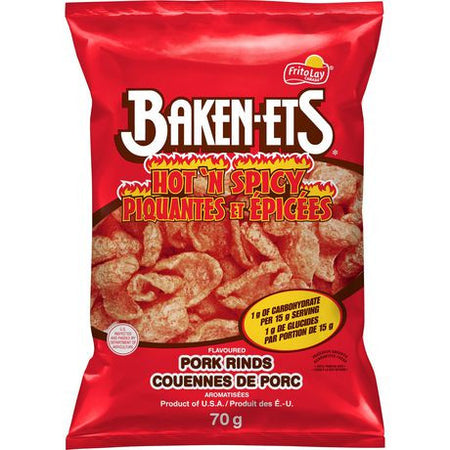 Baken-ets Hot & Spicy Pork Rinds, 70g/2.5oz bag {Imported from Canada}