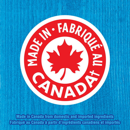 Red 'Made in Canada' logo with a maple leaf on a blue background