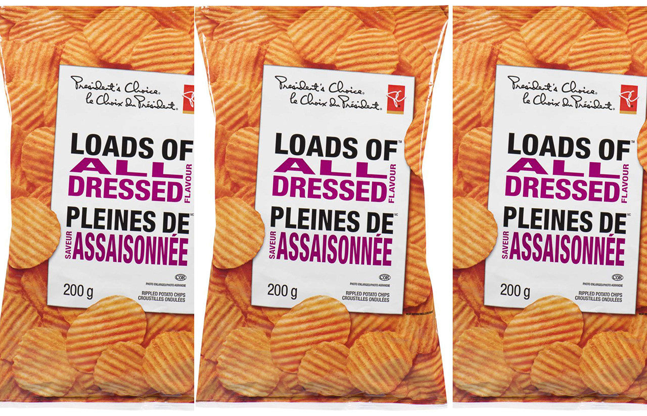 President's Choice Potato Chips, Loads of All Dressed, 200g/7.1oz., - 3 Pack, {Imported from Canada}