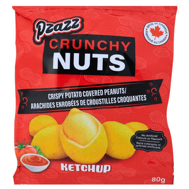 Pzazz Crunchy Nuts, Crispy Potato Covered Peanuts, Ketchup Flavored, 80g/3 oz., Bag {Imported from Canada}