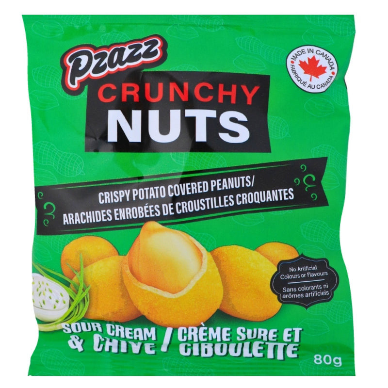 Pzazz Crunchy Nuts, Crispy Potato Covered Peanuts,Sour Cream & Chive Flavored, 80g/3 oz., Bag {Imported from Canada}