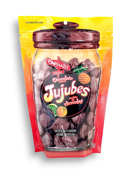 Carnaby Sweet Chocolate Covered Jujubes, 250g, front of bag.