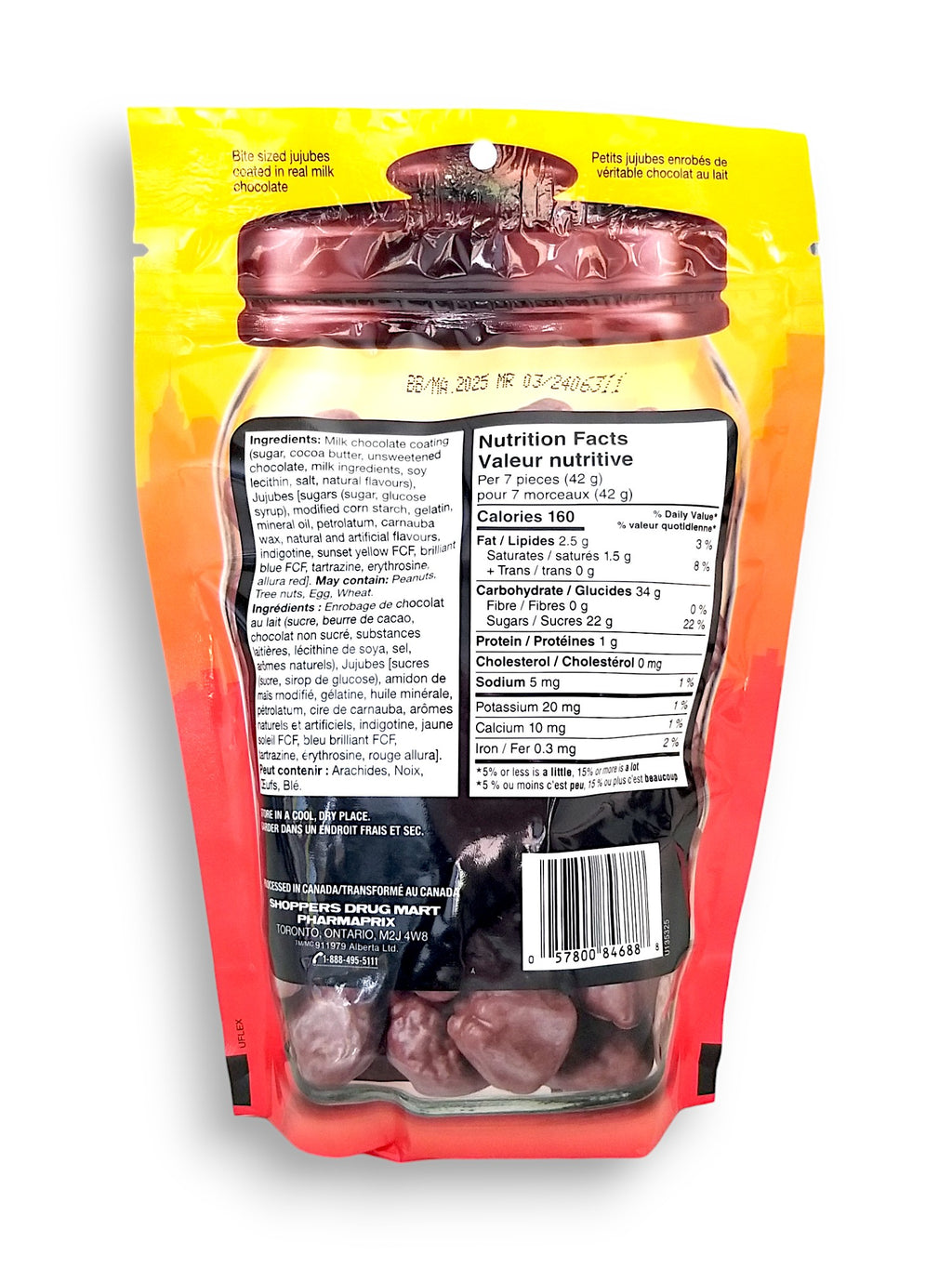 Carnaby Sweet Chocolate Covered Jujubes, 250g, back of bag.