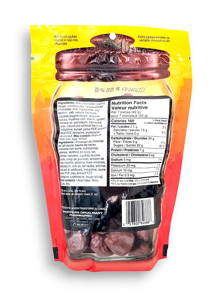 Carnaby Sweet Chocolate Covered Jujubes, 250g, back of bag.